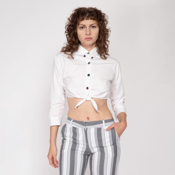 Petite Small 90s White Tie Front Crop Top | Vintage Collared