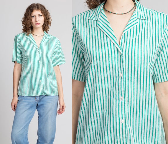 80s Green & White Pinstripe Oversize Button Up Top