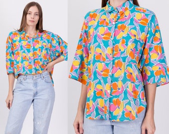 Large 80s Oversize Floral Button Up Shirt | Vintage Half Sleeve Collared Hawaiian Aloha Top