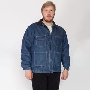 XL 90s Denim Blanket Lined Chore Coat | Vintage Bob Barker Co. Corduroy Collar Workwear Jean Jacket
