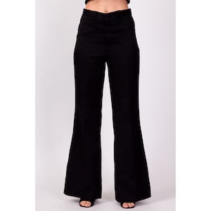 70s Black High Waisted Flared Pants Petite Small, 26 Vintage Minimalist Retro Flares Hippie Trousers image 2
