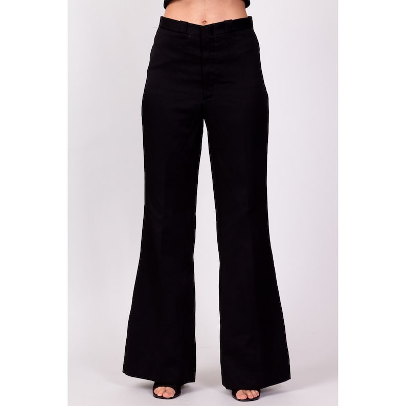 70s Black High Waisted Flared Pants Petite Small, 26 Vintage Minimalist Retro Flares Hippie Trousers image 2