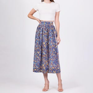 XS Vintage Boho African Wax Print Midi Skirt 25&quot; | Handmade Blue Abstract Print Cotton Ankle Length Skirt