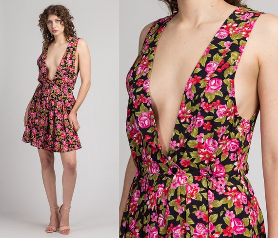 80s Grunge Deep V Floral Romper - Medium to Large