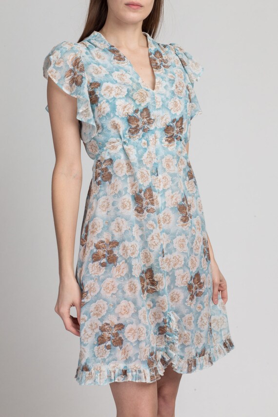 70s Sheer Blue Floral Flutter Sleeve Mini Dress X… - image 4