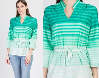 Lrg-XL 70s Mod Green Ombre Striped Top |  Vintage 3/4 Sleeve Belted Collared Shirt