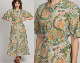 60s Novelty Abstract Print Boho Maxi Dress Medium | Vintage Flutter Sleeve Floral Hippie Prairie Gown