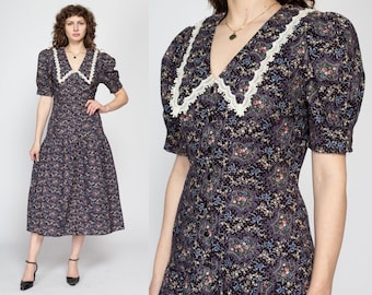 Medium 80s Gunne Sax Black Floral Chelsea Collar Dress | Vintage Puff Sleeve Button Up Low Waist Midi Dress