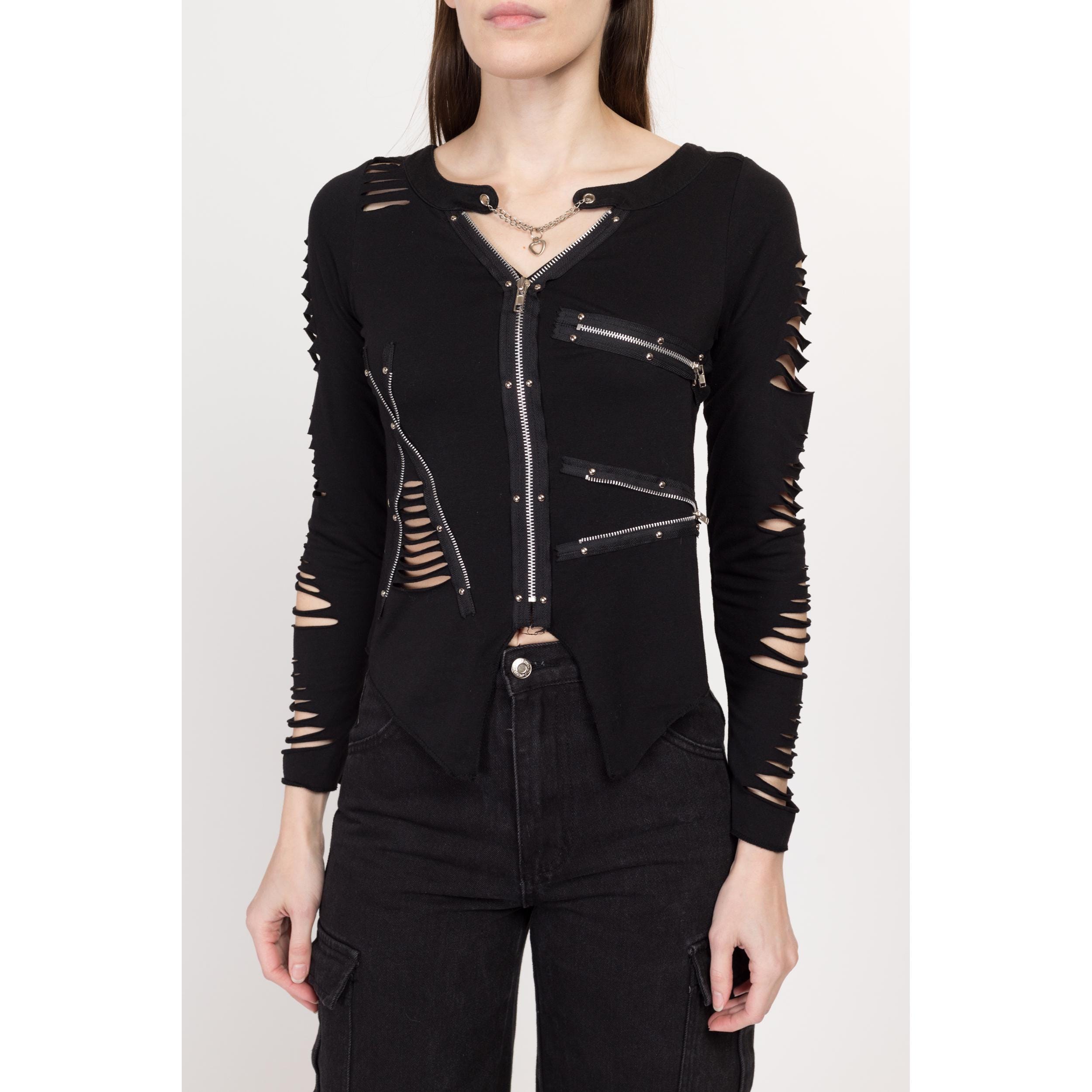 Small Y2K Gothic Black Slashed Zipper Top | Vintage Punk Heart