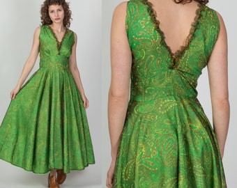 60s Green Paisley Metallic Chiffon Party Dress Medium | Vintage Psychedelic Fit & Flare Sleeveless Maxi Gown