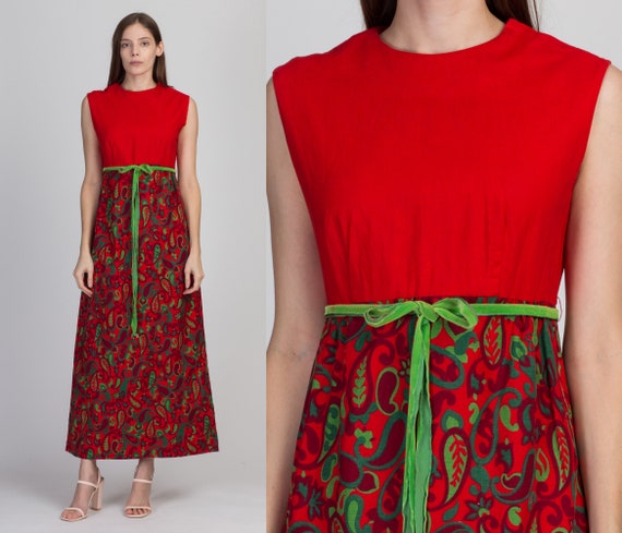 60s Red Paisley Maxi Dress Small | Vintage Boho S… - image 1
