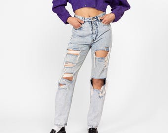 Small 80s Bonjour Distressed Acid Wash High Waisted Jeans 26.5" | Vintage Light Wash Denim Tapered Leg Streetwear Mom Jeans