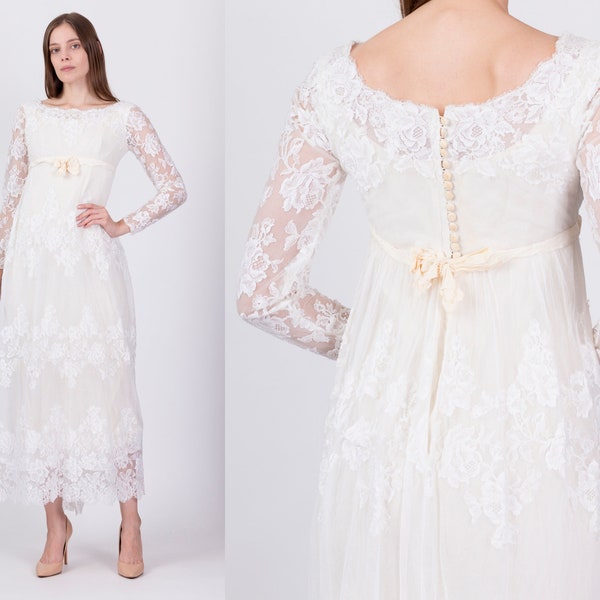 60s Alfred Angelo White Lace Wedding Dress Extra Small | Vintage Edythe Vincent Designer Long Sleeve Bridal Gown