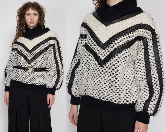 Sm-Lrg 80s Black & White Leather Striped Sweater … - image 1