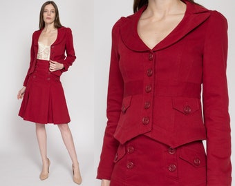 XS-Sm Vintage Nanette Lepore Red Corduroy Skirt & Jacket Set | Y2K Nautical Anchor Button Blazer High Waisted Midi Skirt Two Piece Outfit