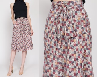 Small 70s Patchwork Calico Floral Wrap Skirt | Vintage A Line Boho Pocket Midi Skirt