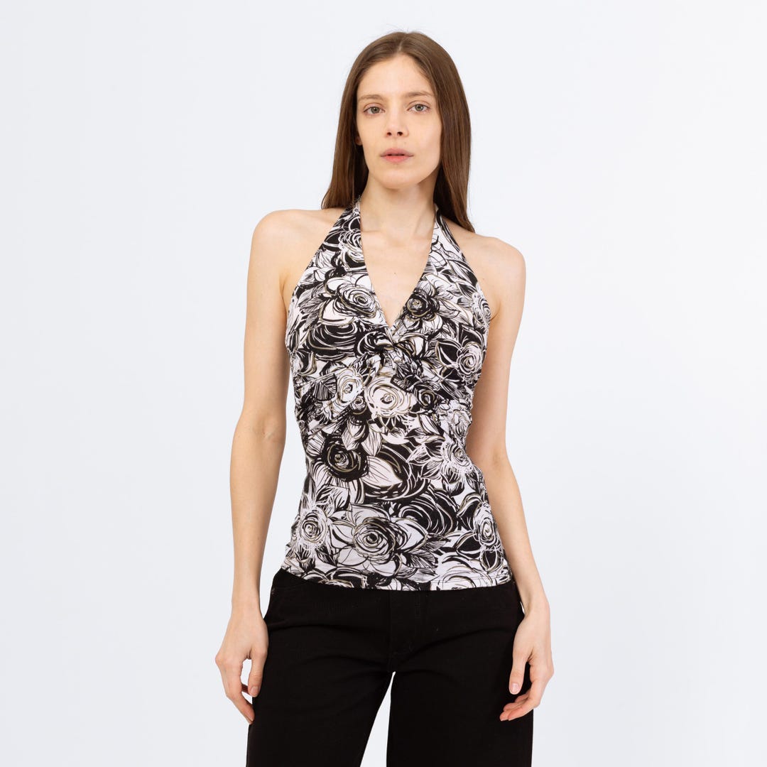 Vintage Y2K Cache Black & White Floral Halter Top - Extra Small