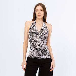 Vintage Y2K Cache Black & White Floral Halter Top - Extra Small | 2000s Clubwear, Stretchy Sexy Sleeveless Ruched Top