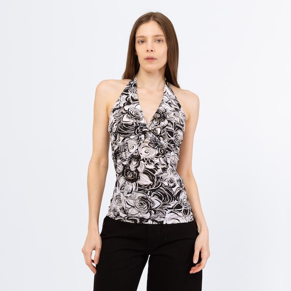 Vintage Y2K Cache Black & White Floral Halter Top - Extra Small