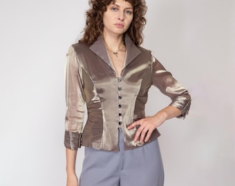 Small 90s Taupe Satin Sheer Sleeve Blouse | Vintage Ruched Button Up Formal Collared Shirt