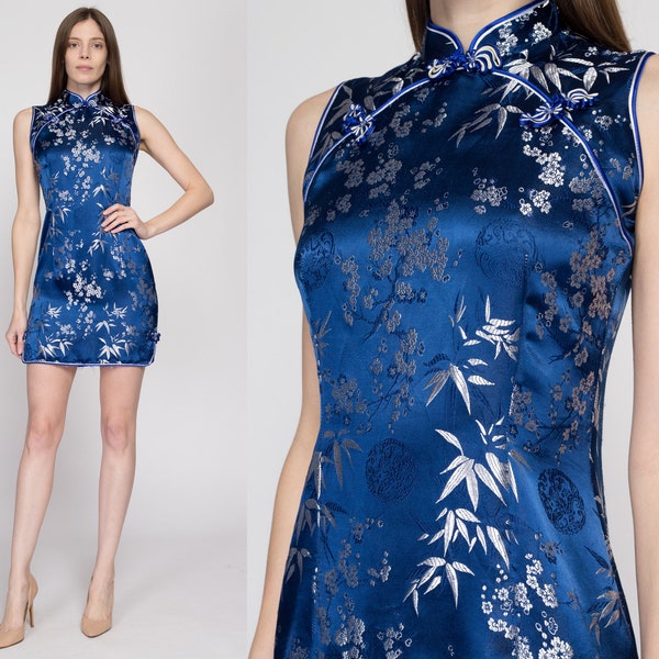 Small 90s Blue & Silver Satin Cheongsam Mini Dress | Vintage Sleeveless Fitted Satin Jacquard Qipao Cocktail Party Dress