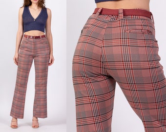 Sm-Med 70s High Waisted Plaid Trousers Unisex 30" | Vintage Bootcut Houndstooth Pants