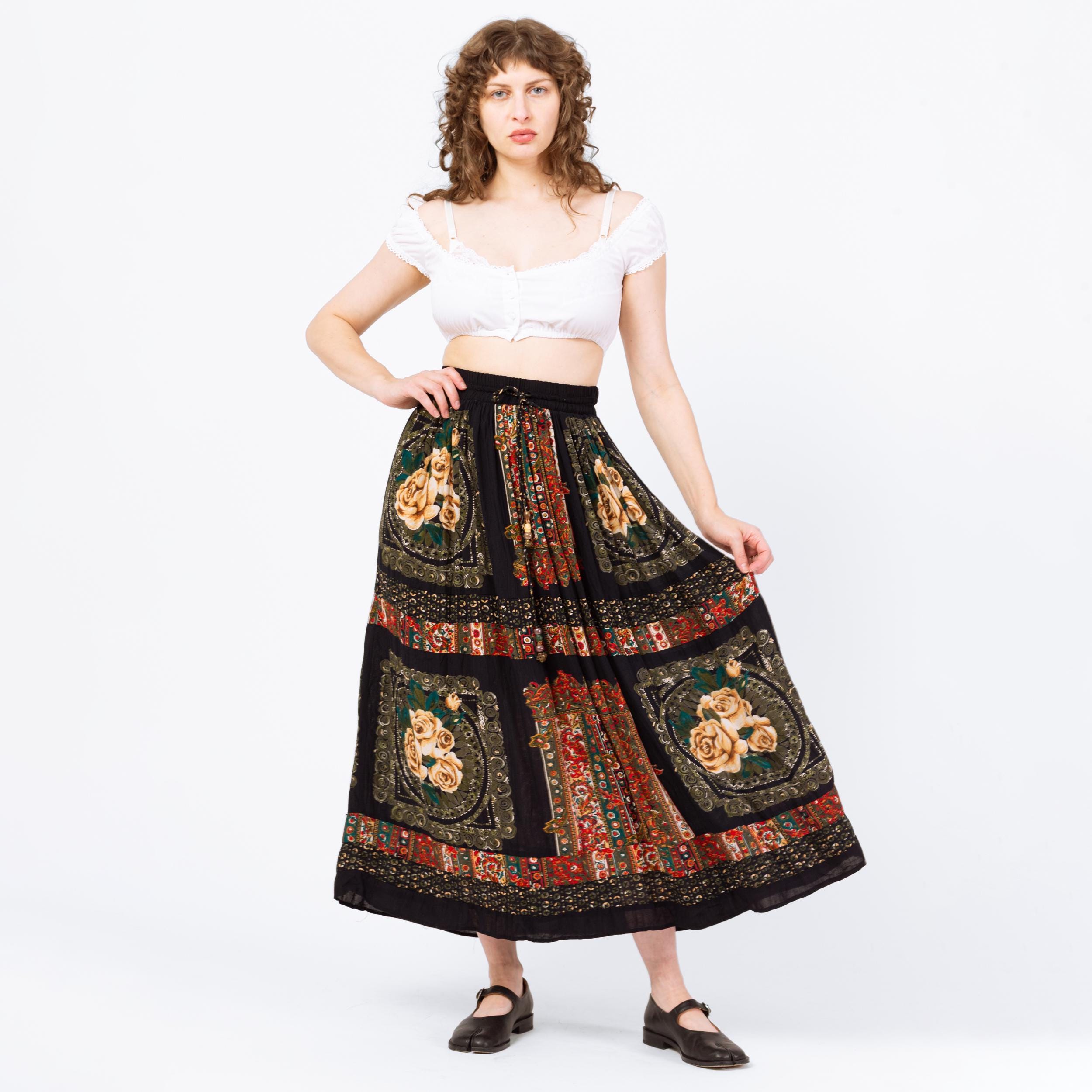 Vintage 90s Boho Rose Floral Maxi Broomstick Skirt - Medium to