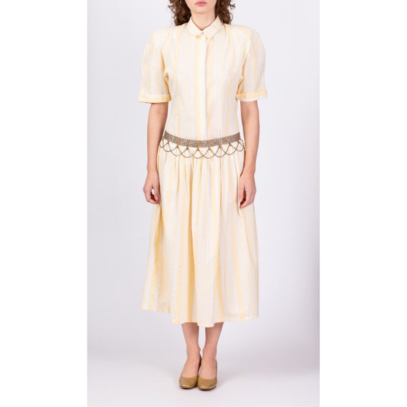 80s Yellow Striped Drop Waist Dress Large | Vinta… - image 2