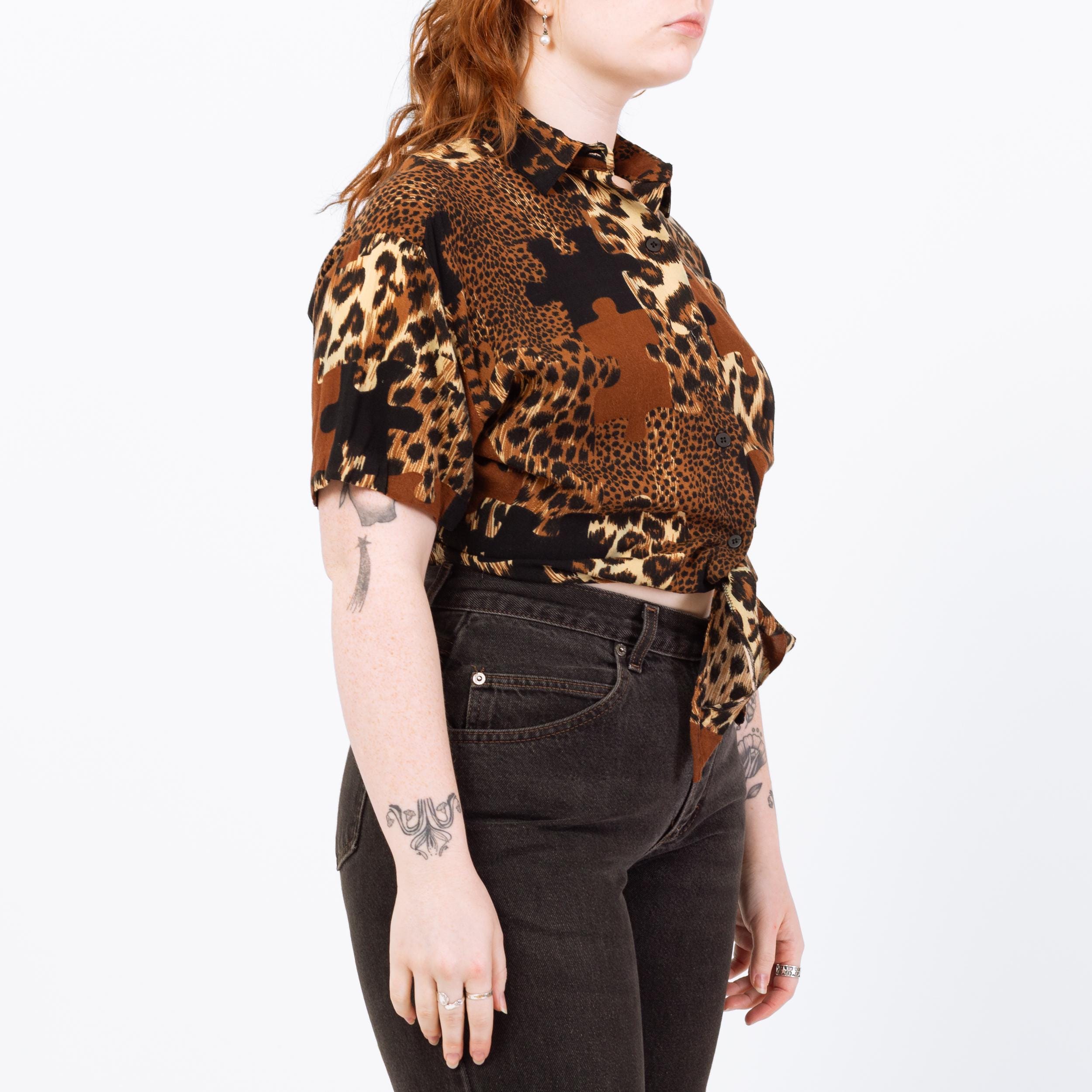 Vintage 90s Jigsaw Puzzle Animal Print Crop Top - Large | Button