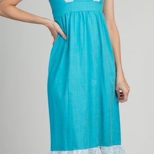 70s Blue & White Prairie Dress Girls Size 12 Vintage Children's Boho Puff Sleeve Maxi Dress image 3