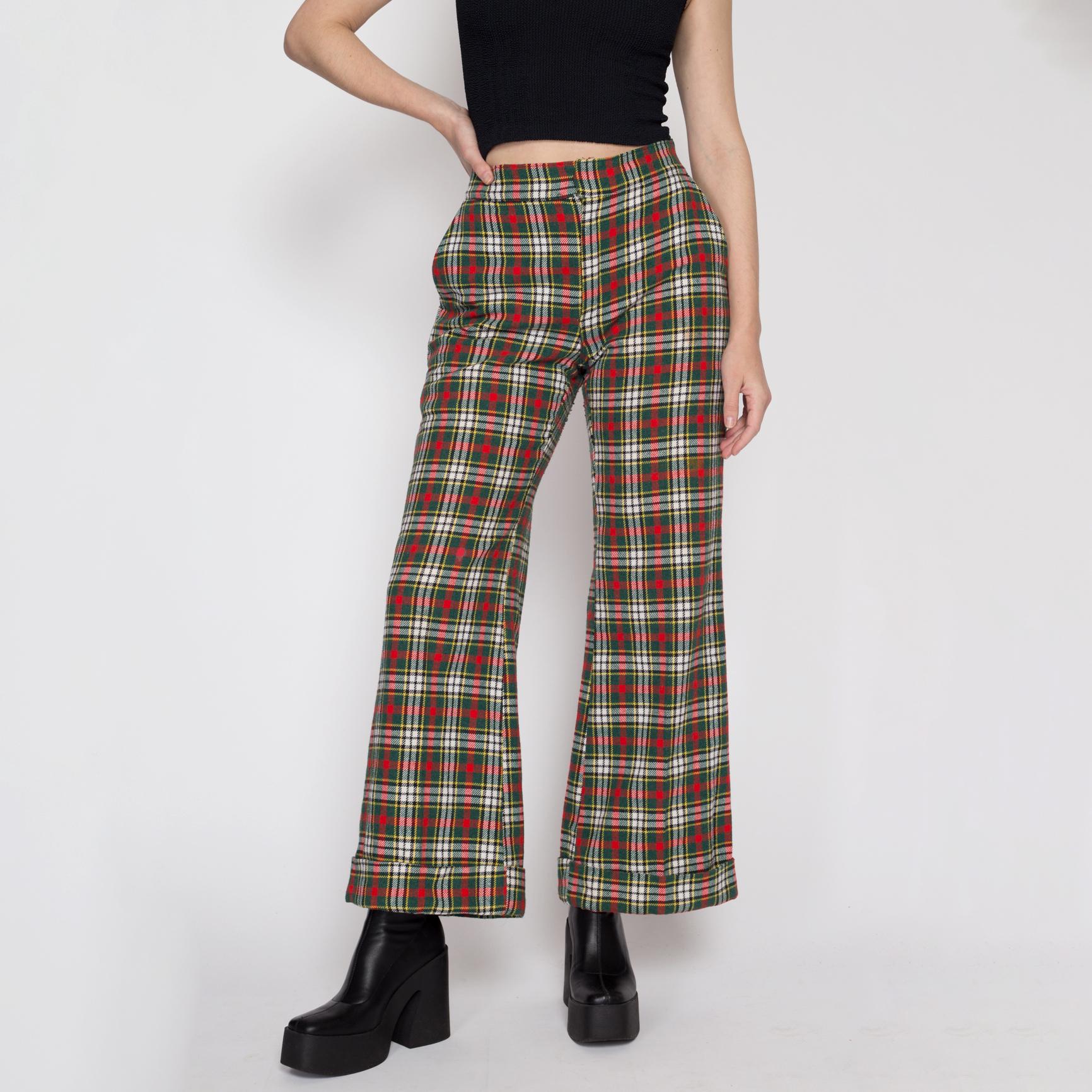 Vintage 70s Red & Green Plaid Flared Pants - Small to Medium, 27