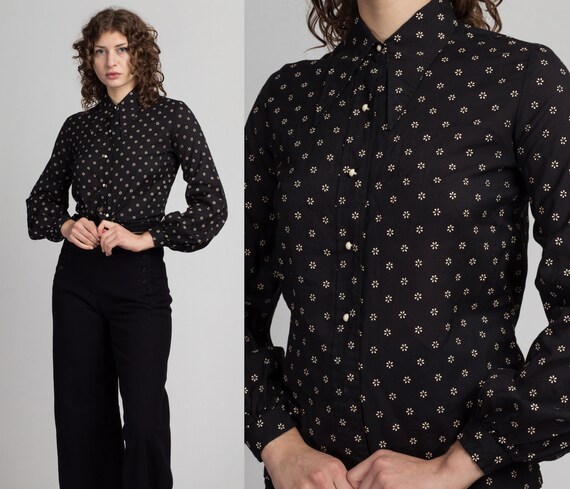 70s Calico Floral Puff Sleeve Blouse - Extra Small