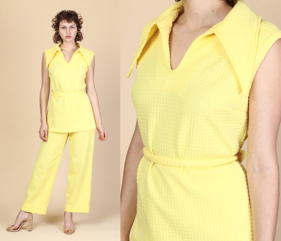 70s Mod Two Piece Outfit - Large | Vintage Yellow