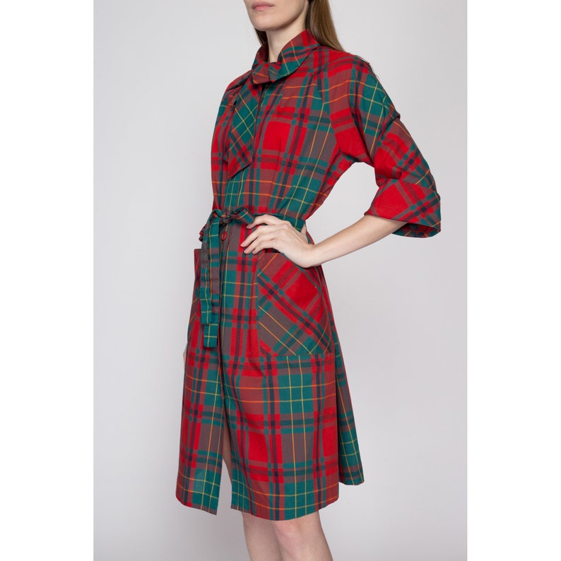 Large 60s Red & Green Plaid Belted Ascot Shirtdress Vintage Button Front Half Sleeve Mini House Dress image 4
