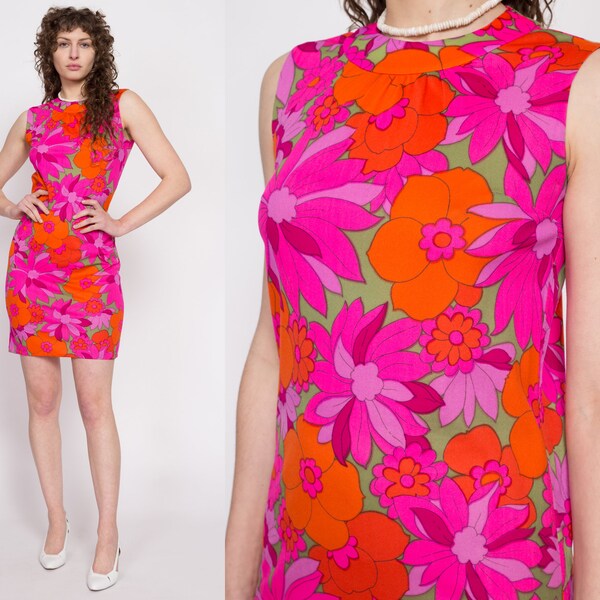 60s 70s Pink Flower Power Mini Dress Small | Vintage Sleeveless Colorful Floral Shift Dress