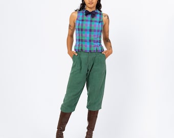 Vintage 80s Woven Green Tapered Pants - XS to Petite Small, 25" Waist | Cotton Blend High Waisted Pleated Peg Leg Trousers