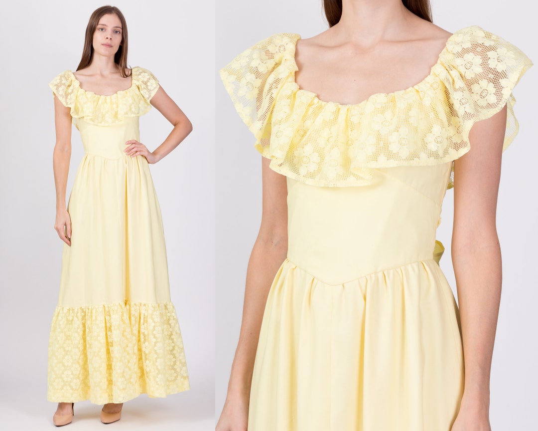 70s Boho Yellow Crochet Trim Gown Extra Small Vintage A - Etsy