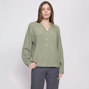 XL 90s Sage Green Silk Blouse | Vintage Minimalist Long Sleeve Button Up Collared Shirt