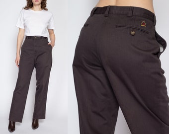 32x32 90s Tommy Hilfiger Dark Brown Trousers Unisex | Vintage High Waisted Flat Front Tapered Leg Pants