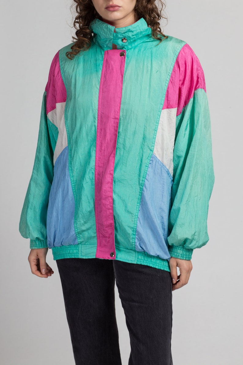 80s Teal Green Color Block Windbreaker Extra Large Vintage Pink Blue Zip Up Track Jacket