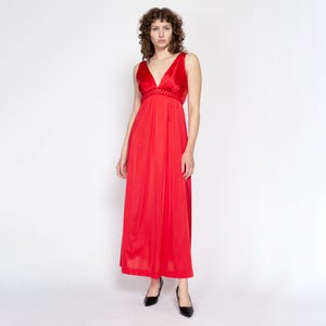 70s Vanity Fair Red Maxi Slip Dress - Small | Vintage Deep V Neck Lingerie Nightgown