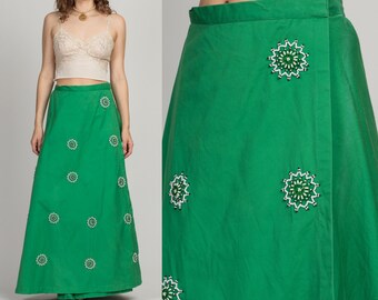 70s African Transkei Green Beaded Maxi Wrap Skirt Medium, 28" | Vintage Modes Xanda Fashions Long A Line Skirt