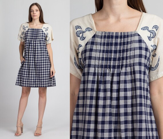 70s Hawaiian Plaid Mini Tent Dress - Medium | Vint