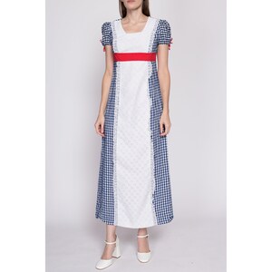 Petite Small 60s Gingham Prairie Maxi Dress Vintage Red White Blue Boho A Line Cottagecore Lace Apron Dress image 2