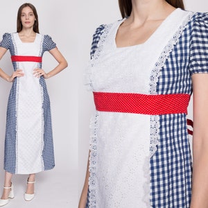 Petite Small 60s Gingham Prairie Maxi Dress Vintage Red White Blue Boho A Line Cottagecore Lace Apron Dress image 1
