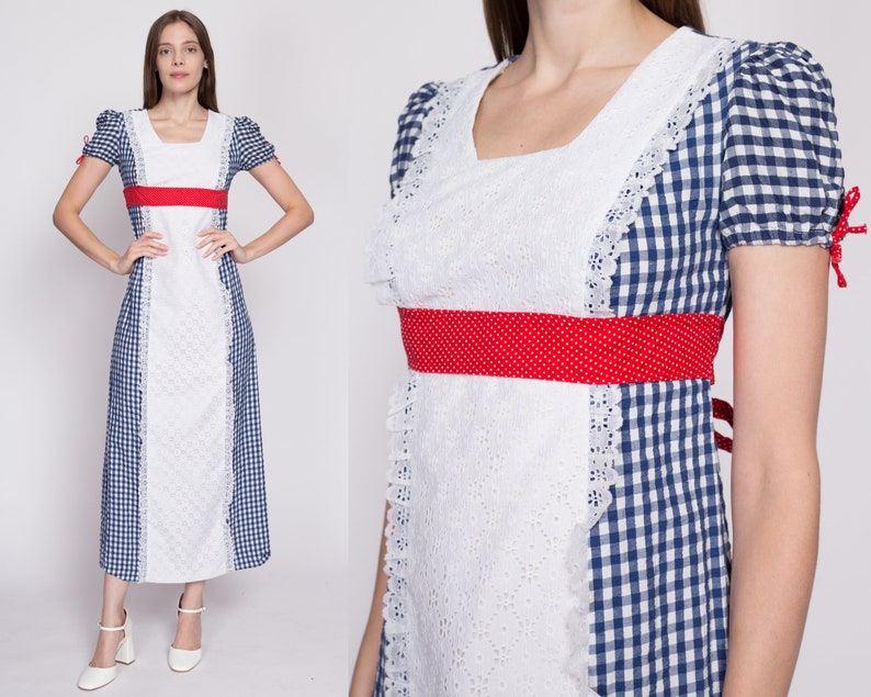 Petite Small 60s Gingham Prairie Maxi Dress Vintage Red White Blue Boho A Line Cottagecore Lace Apron Dress image 1