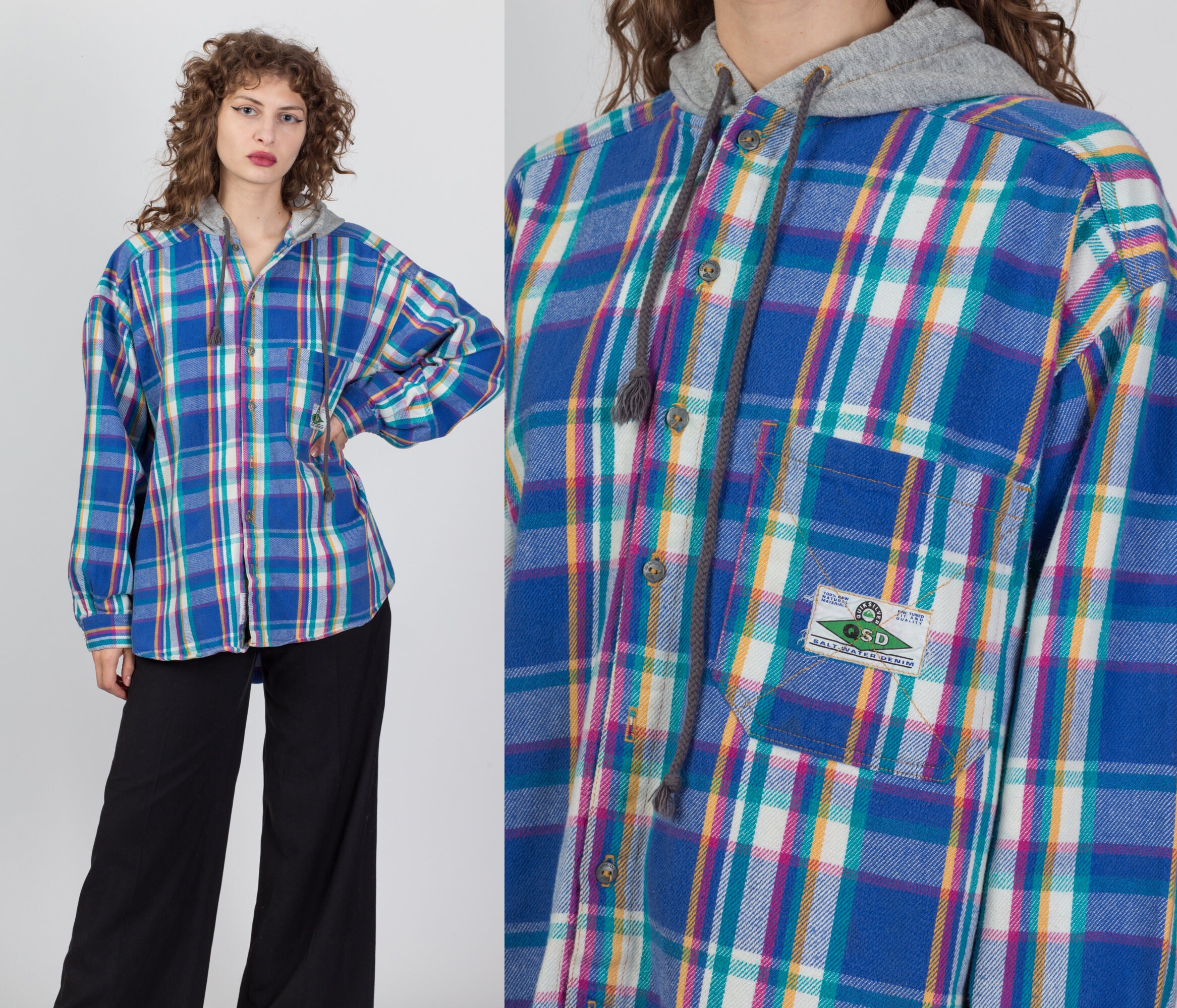 80s 90s Plaid Flannel Button up Hoodie 