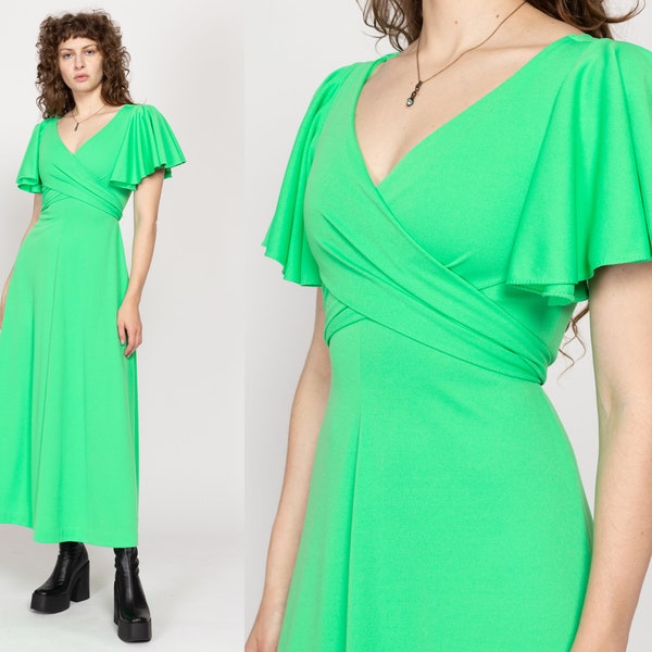 XS 70s Bright Green Flutter Sleeve Party Gown | Vintage Formal Empire Waist Tie Back Maxi Disco Dress