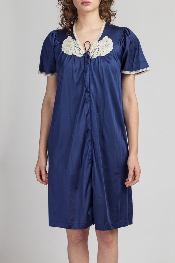 70s Blue Satin Flutter Sleeve Mini Nightdress Sma… - image 3