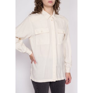 Medium 90s Ivory Silk Blouse Vintage Minimalist Long Sleeve Button Up Collared Shirt image 4